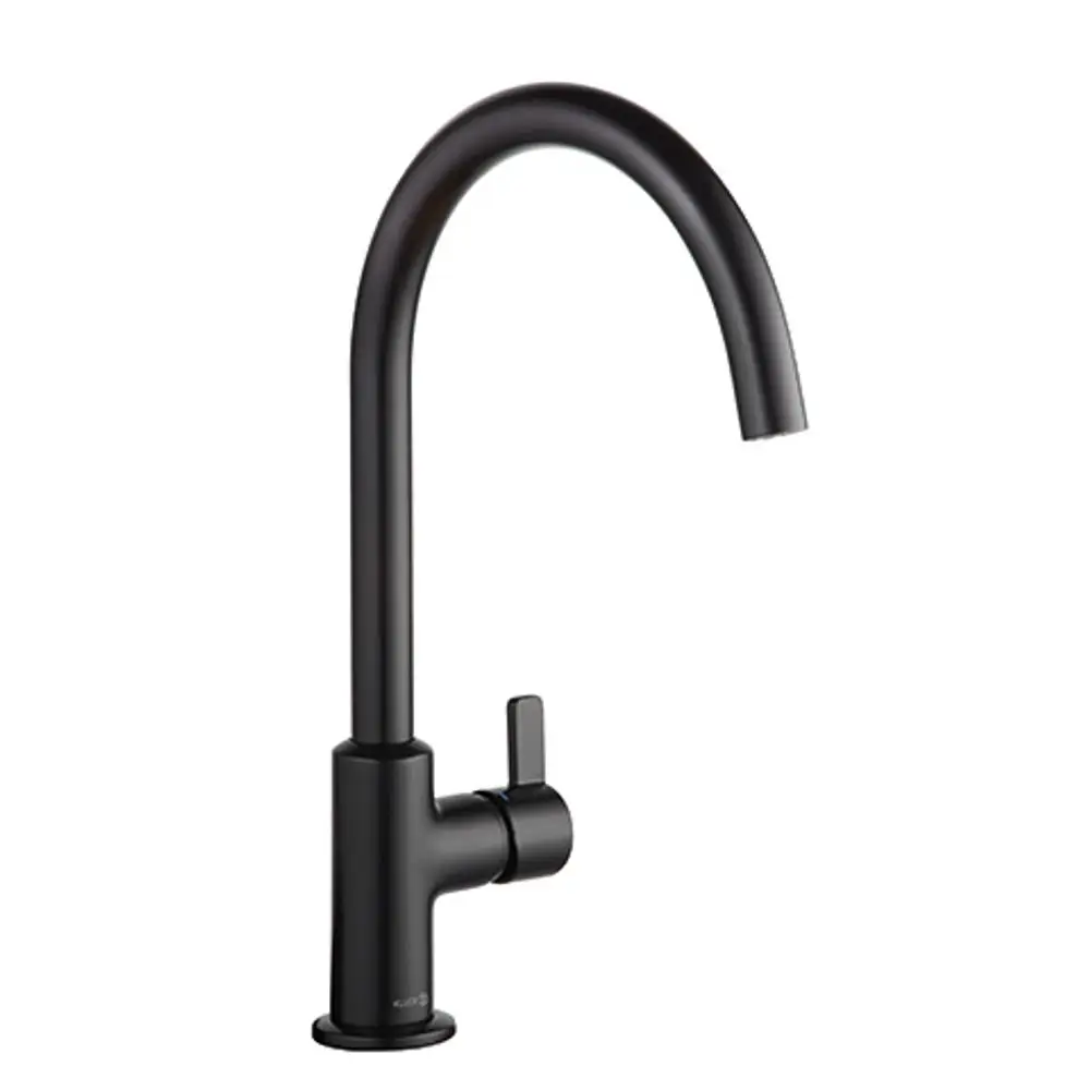 Schwarzer Spültisch-Einhandmischer von Kludi mit elegant gebogenem Auslauf und seitlichem Hebel für Temperatur- und Mengenregulierung.